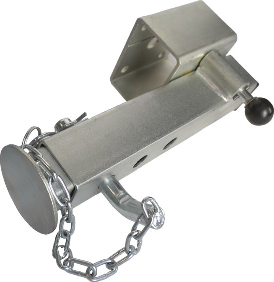 Zilverkleurige, kantelbare steunpoot met ketting en platte voet, los van elkaar gepresenteerd.