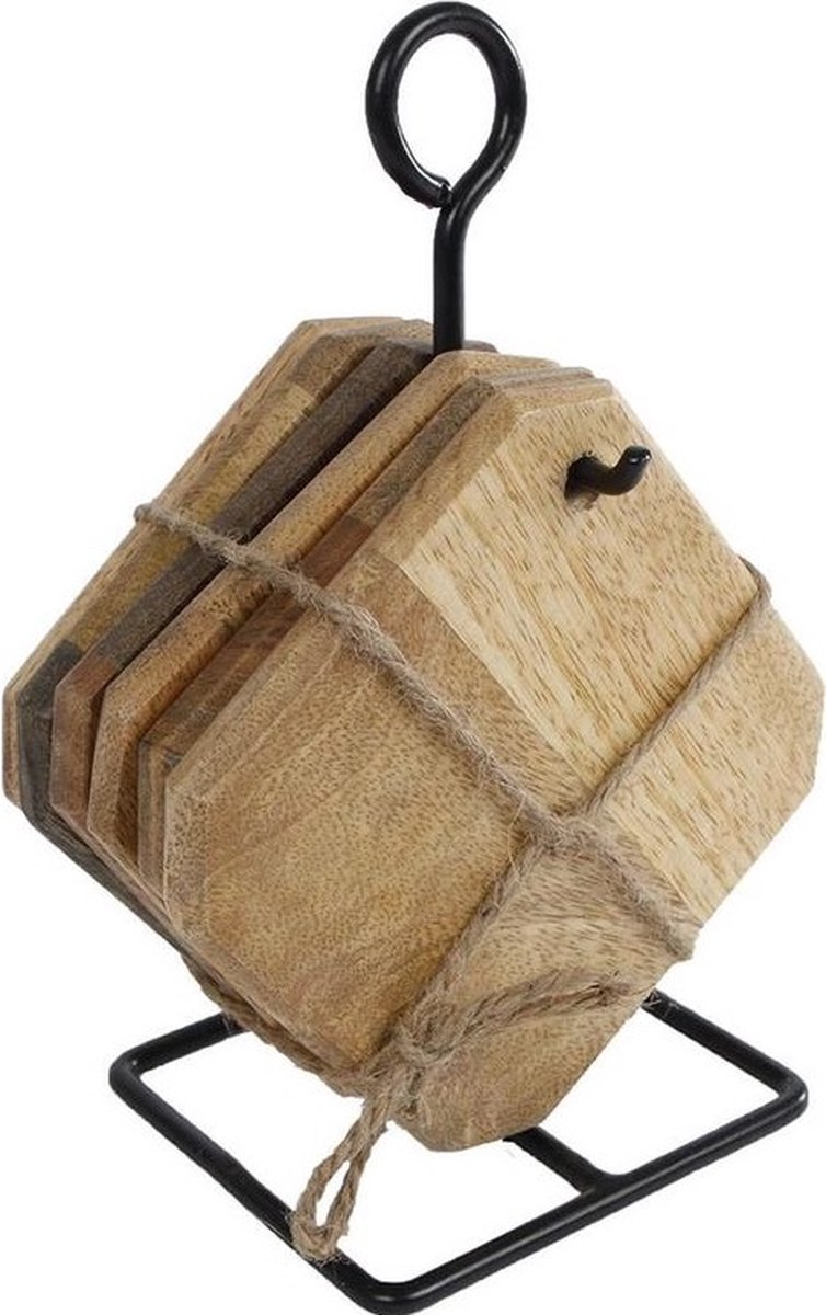 Home&Deco onderzetters vierkant met standaard hout-10x10x19 cm-1 stuks