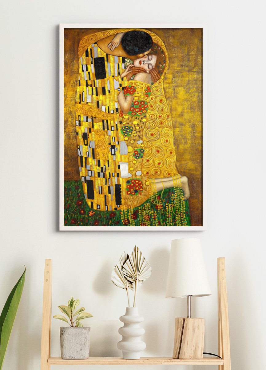 Esque Poster In Witte Lijst - De Kus - Gustav Klimt - Large 70x50 - Wanddecoratie - (Retro/Vintage)