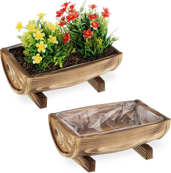 En Grijpen neutrale Relaxdays Plantenbak hout - set van 2 - plantenbak - langwerpig - folie -  gevlamd - bruin | bol.com