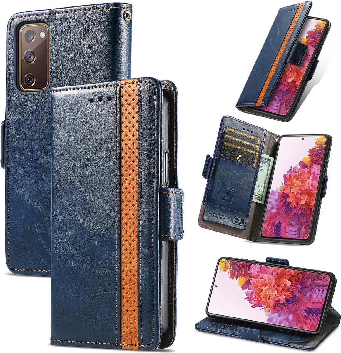Stijlvol Tweekleurig PU-leer Wallet Flip Case + PMMA Screenprotector voor Galaxy S20 FE _ Blauw