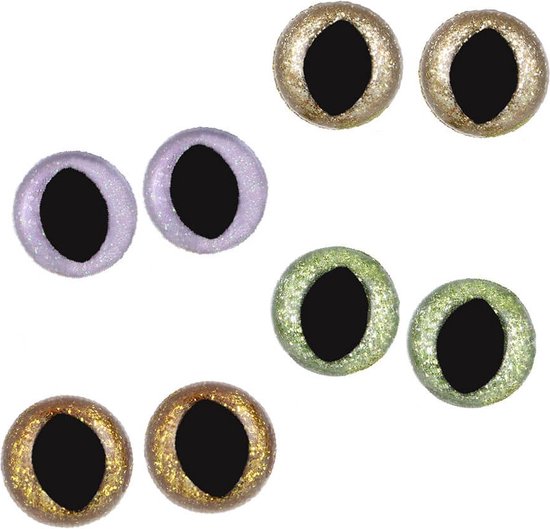 Opry - Set met 48 glitter kattenogen in opbergdoos - 12, 15 en 18mm - Groen - Paars - Goud - Glitter veiligheidsogen - Opry