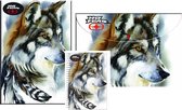 Notitieboek B5 + spiraalschrift A4 + documentenmap motief wolf
