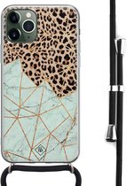 iPhone 11 Pro hoesje met koord - Luipaard marmer mint | Apple iPhone 11 Pro crossbody case | Zwart, Transparant | Luipaardprint