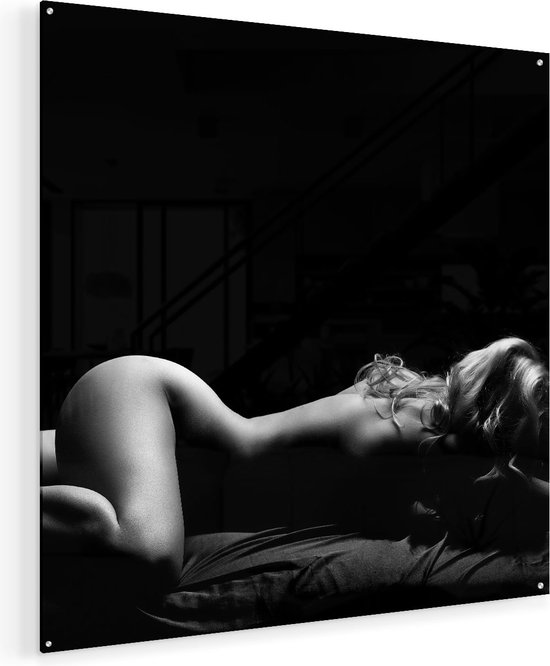 Artaza Glasschilderij - Vrouw Naakt in Bed - Erotiek - Zwart Wit - 90x90 - Groot - Plexiglas Schilderij - Foto op Glas