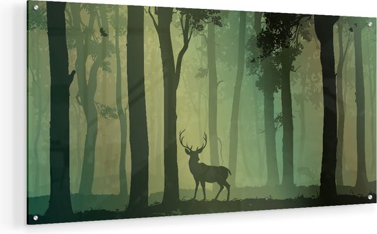 Artaza Glasschilderij - Hert In Het Bos - Silhouet  - 80x40 - Plexiglas Schilderij - Foto op Glas