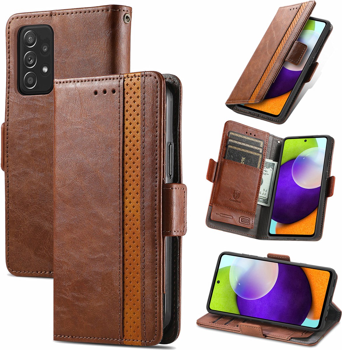 Stijlvol Tweekleurig PU-leer Wallet Flip Case + PMMA Screenprotector voor Galaxy A52 (4G/5G) _ Donkerbruin