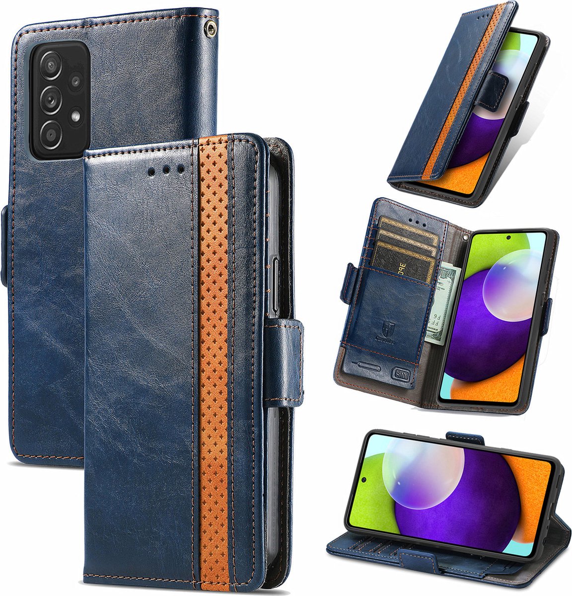 Stijlvol Tweekleurig PU-leer Wallet Flip Case + PMMA Screenprotector voor Galaxy A52 (4G/5G) _ Blauw