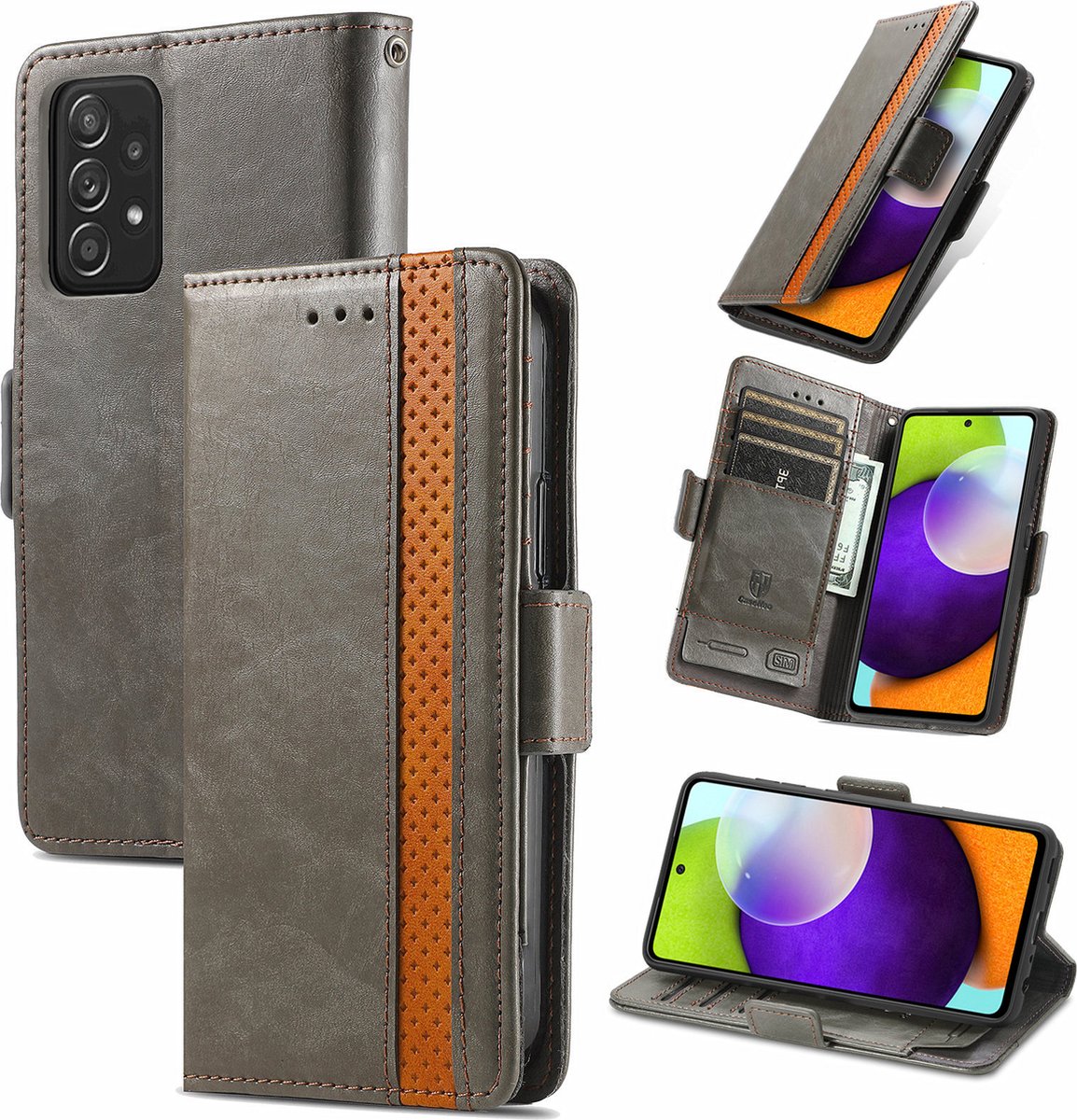 Stijlvol Tweekleurig PU-leer Wallet Flip Case + PMMA Screenprotector voor Galaxy A52 (4G/5G) _ Grijs