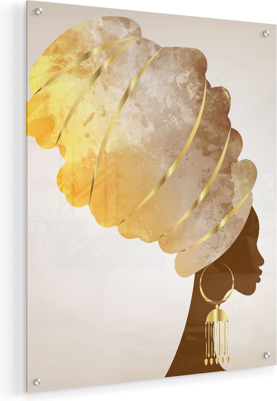 Artaza Glasschilderij - Afrikaanse Vrouw Met Gouden Tulband  - Plexiglas Schilderij - Foto op Glas