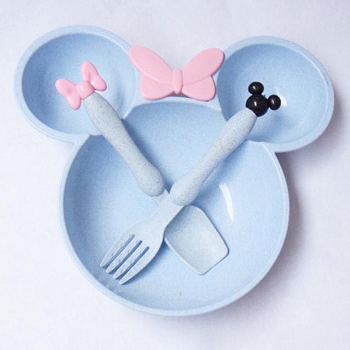 Goedkoopste Peuter Baby Dinerbord-Servies voor Kinderen-Eetset voor kinderen-Kinderserviesset-3 delig-Tarwe-Minnie-Blauw