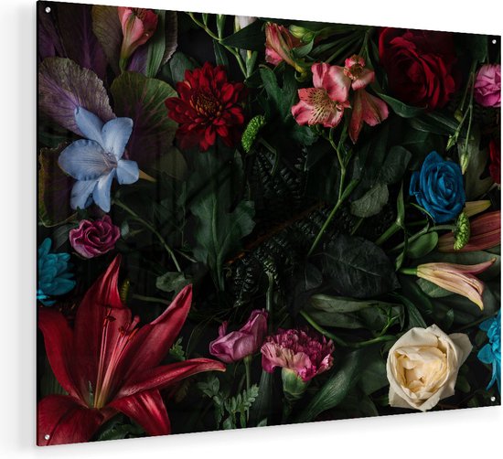 Artaza Glasschilderij - Kleurrijke Bloemen Met Groene Bladeren - 100x75 - Groot - Plexiglas Schilderij - Foto op Glas