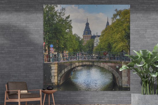 Tuinposter 200x200 cm - Tuindecoratie Amsterdamse architectuur aan de Spiegelgracht - Poster voor in de tuin - Buiten decoratie - Schutting tuinschilderij - Tuindoek muurdecoratie - Wanddecoratie balkondoek