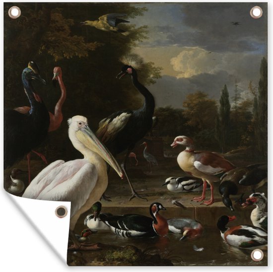 Tuinposters Een pelikaan en ander gevogelte bij een waterbassin - Schilderij van Melchior d'Hondecoeter - 50x50 cm - Tuindoek - Buitenposter
