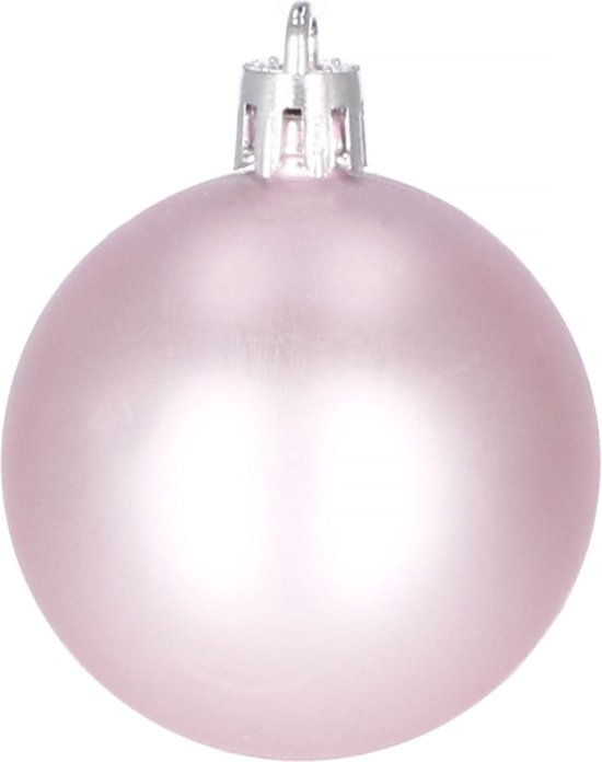 Mat roze kerstbal met zilveren kapje.