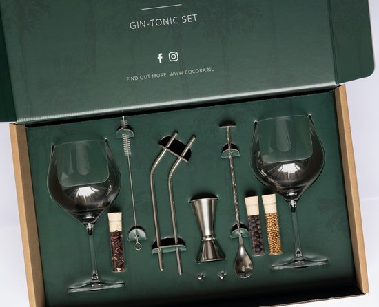 Cocora Gin Tonic Geschenkset - 12-delige RVS Cocktail Set - Tritan® Kristalglazen - Cocktail Boek - Luxe Cadeauverpakking - Zilver