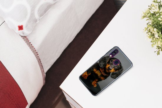 Coque Samsung Galaxy A40 - Studio photo de chiot teckel - Siliconen - Sinterklaas - Noël - Cadeaux - Chaussures cadeaux