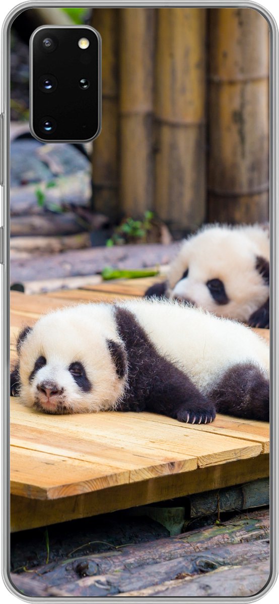 Telefoonhoesje Geschikt voor Samsung Galaxy S20 Plus hoesje - Panda's - Vloer - Hout - Siliconen Telefoonhoesje Telefoonhoesje
