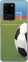 Geschikt voor Samsung Galaxy S20 Ultra hoesje - Een illustratie van een voetbal op het veld in het stadion - Jongens - Meiden - Kids - Siliconen Telefoonhoesje