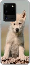 Geschikt voor Samsung Galaxy S20 Ultra hoesje - Wolf - Kind - Hout - Siliconen Telefoonhoesje