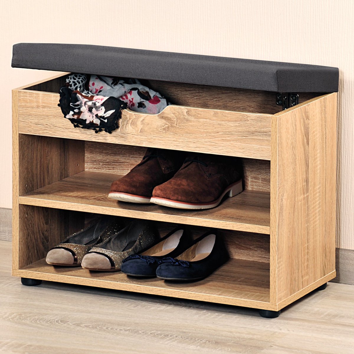 Schoenenkast met opbergvak en zitkussen eikenlook