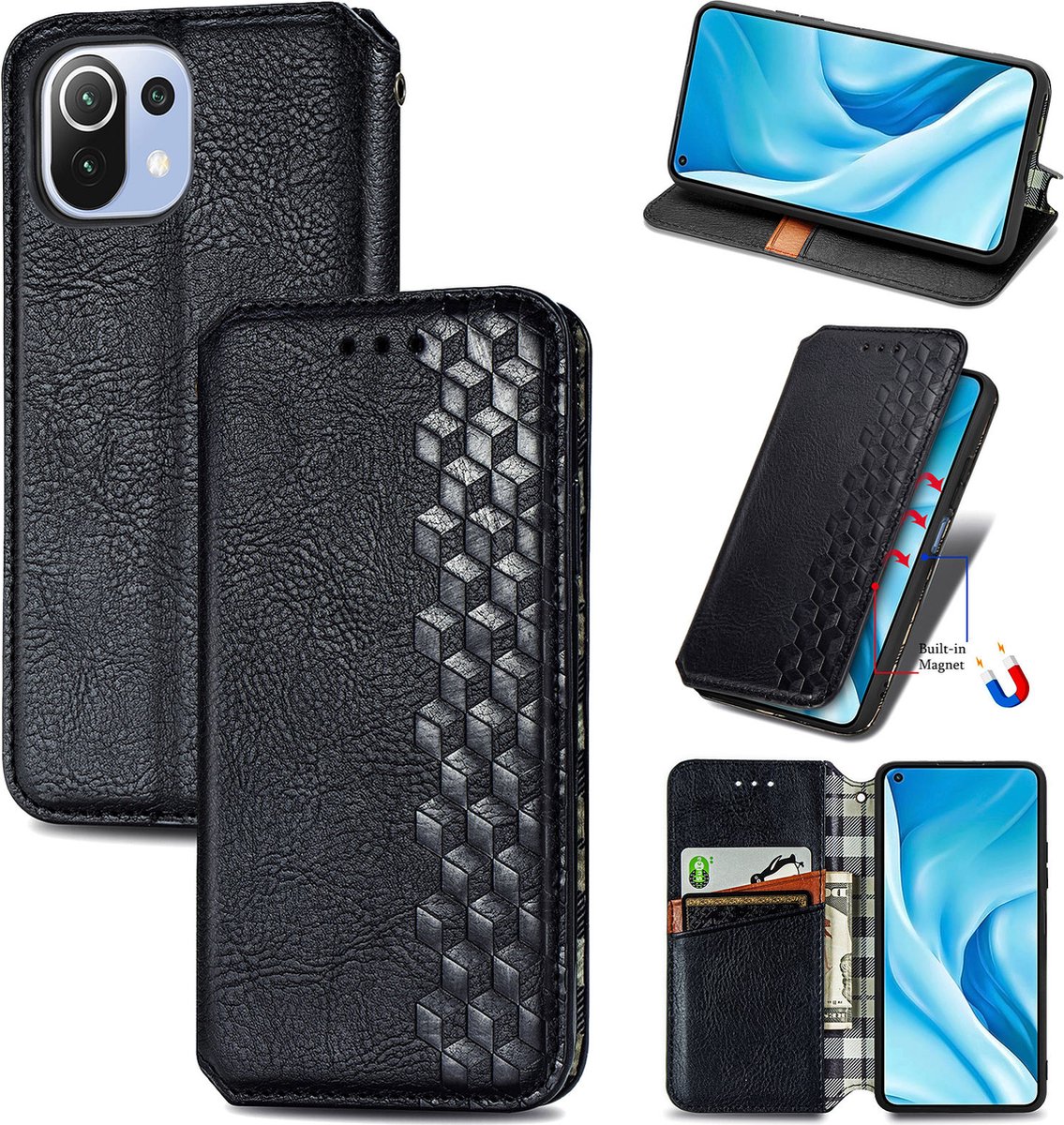 Luxe PU Lederen Ruitpatroon Wallet Case + PMMA Screenprotector voor Xiaomi 11 Lite 5G NE / Mi 11 Lite 4G/5G _ Zwart