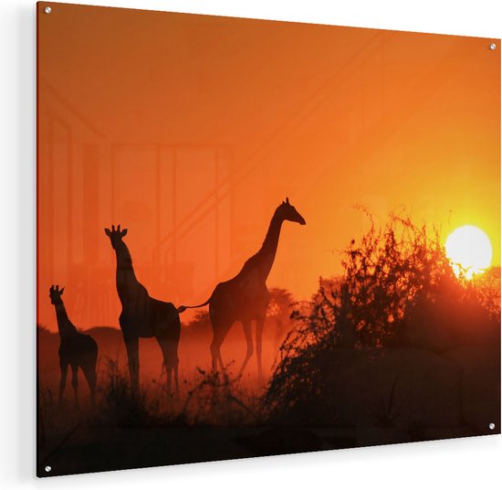 Artaza Glasschilderij - Drie Giraffe Silhouetten Bij Zonsondergang - 100x80 - Groot - Plexiglas Schilderij - Foto op Glas