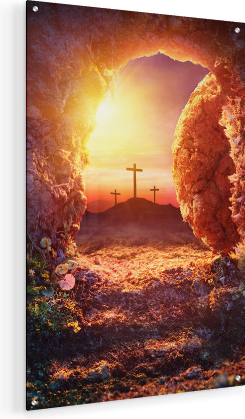 Artaza Glasschilderij - Kruisiging bij Zonsopgang - Opstanding Jezus - 50x75 - Plexiglas Schilderij - Foto op Glas