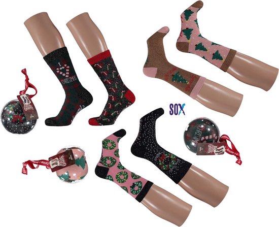 SOX 6 paar Kerstsokken met lurex verpakt in Kerstbal Dames 37/42 Ass. 1