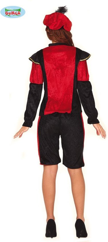 Achterkant van rood-zwart pagekostuum voor dames met Fiestas Guirca logo.