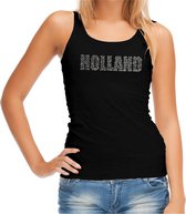 Glitter Holland tanktop zwart met steentjes/rhinestones voor dames - Oranje fan shirts - Holland / Nederland supporter - EK/ WK top / outfit L