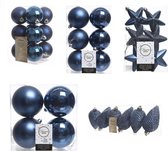 Kerstversiering kunststof kerstballen/hangers donkerblauw 6-8-10 cm pakket van 62x stuks - Kerstboomversiering