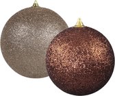 Kerstversieringen set van 2x extra grote kunststof kerstballen bruin en champagne 25 cm glitter