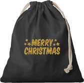 1x Kerst Merry Christmas gouden glitters cadeauzakje zwart met sluitkoord - katoenen / jute zak - Kerst cadeauverpakking zakjes