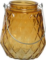 Theelichthouders/waxinelichthouders ruitjes glas cognac/oranje met metalen handvat 11 x 13 cm - Windlichtjes/kaarsenhouders