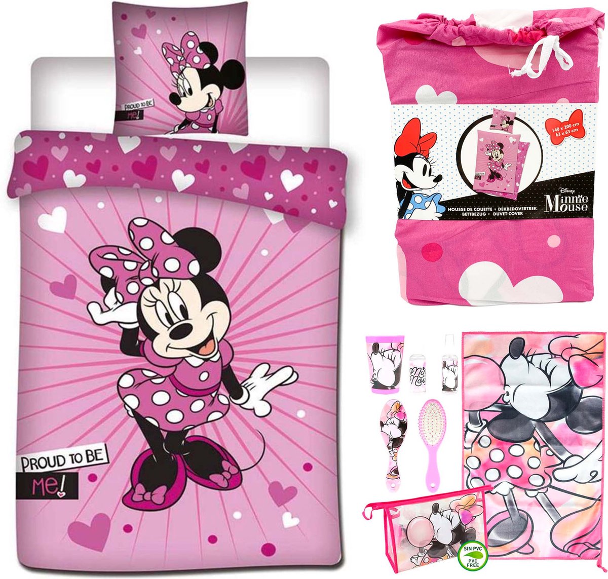 Disney Minnie Mouse Proud - Dekbedovertrek - Eenpersoons - 140 x 200 cm - Polyester- Roze , incl. Minnie Mouse vakantieset - toiletset - 6 delig