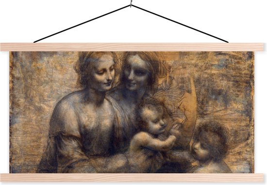 Posterhanger incl. Poster - Schoolplaat - Maria met kind en Sint-Anna - Leonardo da Vinci - 150x75 cm - Blanke latten