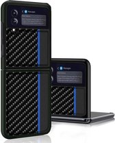 Samsung Galaxy Z Flip 3 Hoesje Case - Back Cover - Carbon Print - Zwart met Blauwe Streep