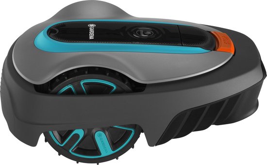 Grijze robotmaaier met blauwe en oranje details, met een zwarte, gestreepte onderkant.