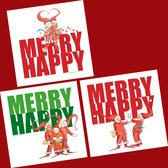 Set van 3 kerstkaarten, met envelop,  Merry Happy, humor, engels, elf, kabouter