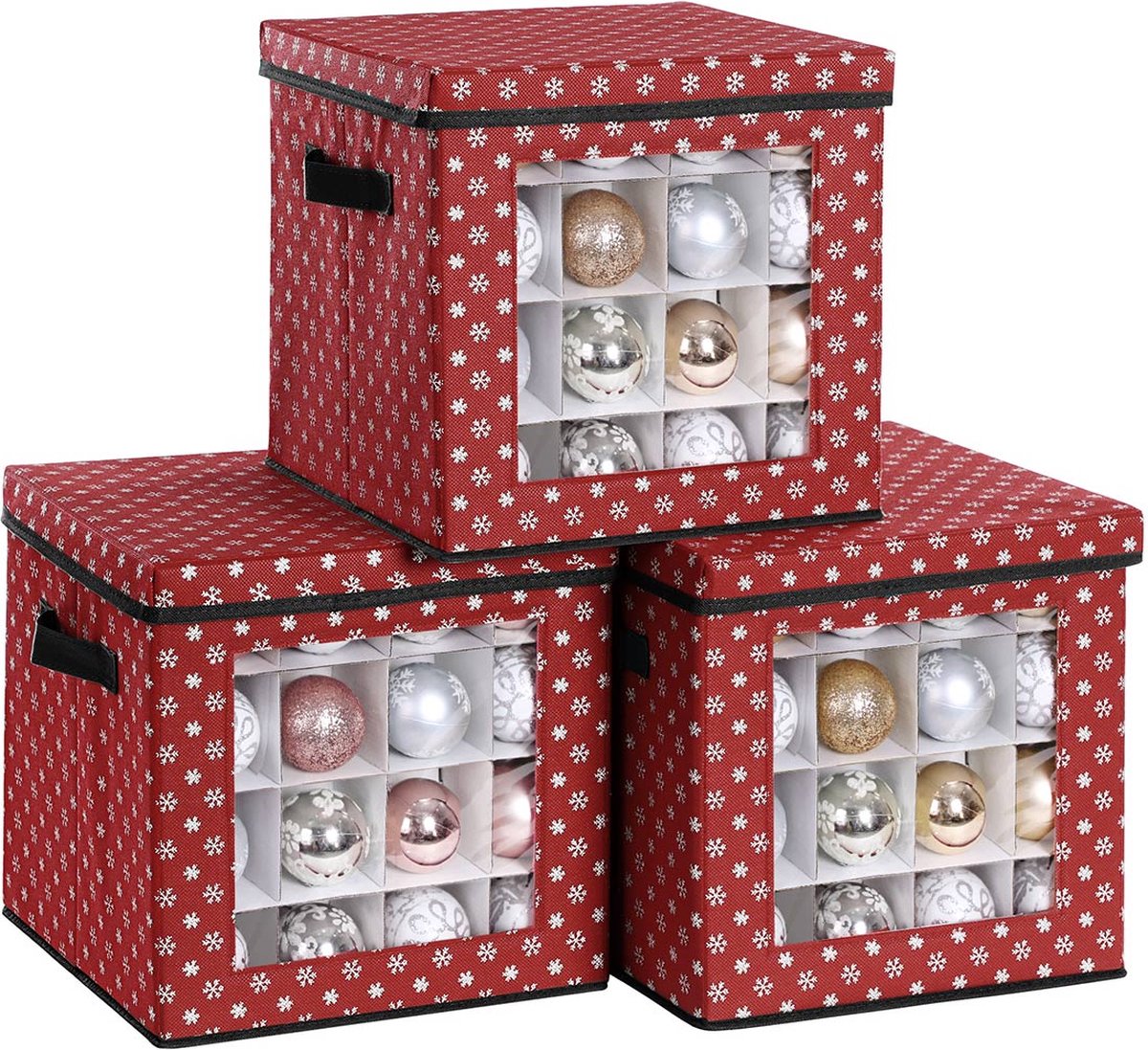 Segenn's Opbergdozen voor Kerstballen - set van 3 - Vouwdozen - voor Kerstversiering - 64 kleine vakjes per doos - Flexibele Verdelers - Rood