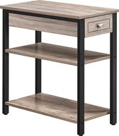 Bijzettafel, Nachtkastje, Hoog en Slank met Lade en Twee Legplanken, Industrieel Design, Grijs-zwart