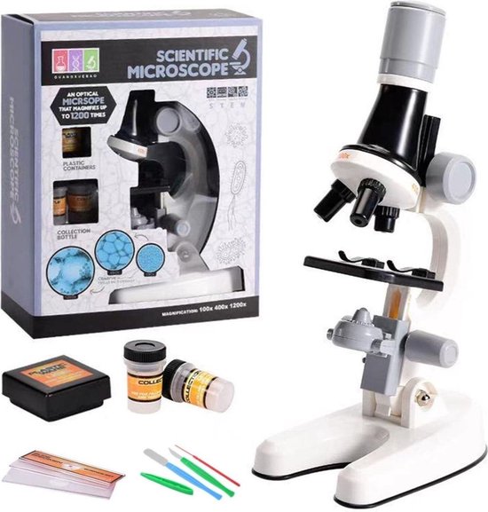 Microscoop Voor Kinderen - Junior Microscoop - Veel Accessoires - Biologisch - Wetenschap - Educatief - Tot X1200 - LED Verlichting - Kinder Speelgoed - Junior - Wit