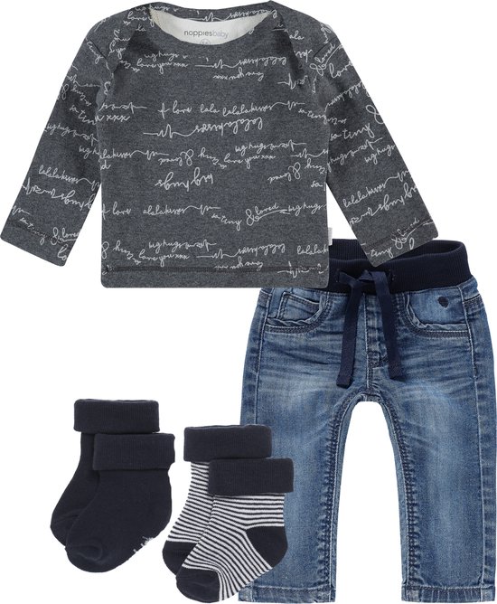 Noppies (4 pièces) Jeans avec chemise grise et 2 paires de chaussettes marine - Taille 56