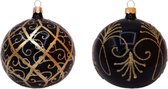 Zwarte Kerstballen met Gouden Glitter Decoratie - Lijntjes en Krullen - Doosje met 6 glazen kerstballen