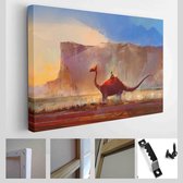 Getekende dinosaurus op een achtergrond van bergen - Modern Art Canvas - Horizontaal - 681738277