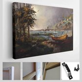 Onlinecanvas - Schilderij - Tekening Een Boslandschap Met Een Boot En Een Man Art Horizontaal - Multicolor - 115 X 75 Cm