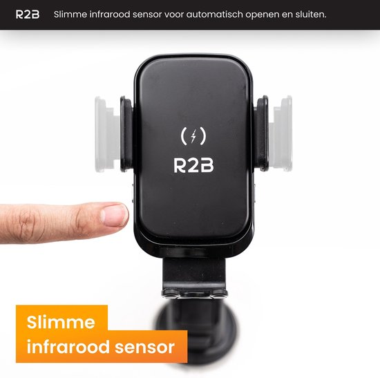 Zwarte R2B telefoonhouder met infrarood sensor. Een vinger activeert de automatische opening van de klemmen. Tekst: "Slimme infrarood sensor".