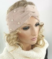 Warme zachte hoofdband haarband met parel versiering van acryl/wol kleur poederroze maat one size