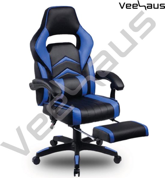 VEEHAUS - PASCO - Gaming Stoel - Bureaustoel met Voetensteun - Bureaustoel - Ergonomisch Design - Verstelbare Hoofdsteun - Lendensteun - Belastbaar tot 150 kg - Zwart/Blauw - Veehaus